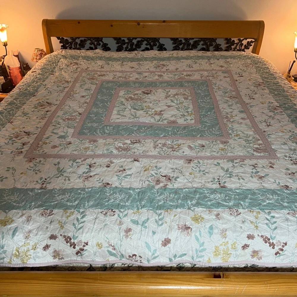 Floral Quilted Bedspread Set 3pc Sage Green Rose Cottagecore Farmhouse Queen